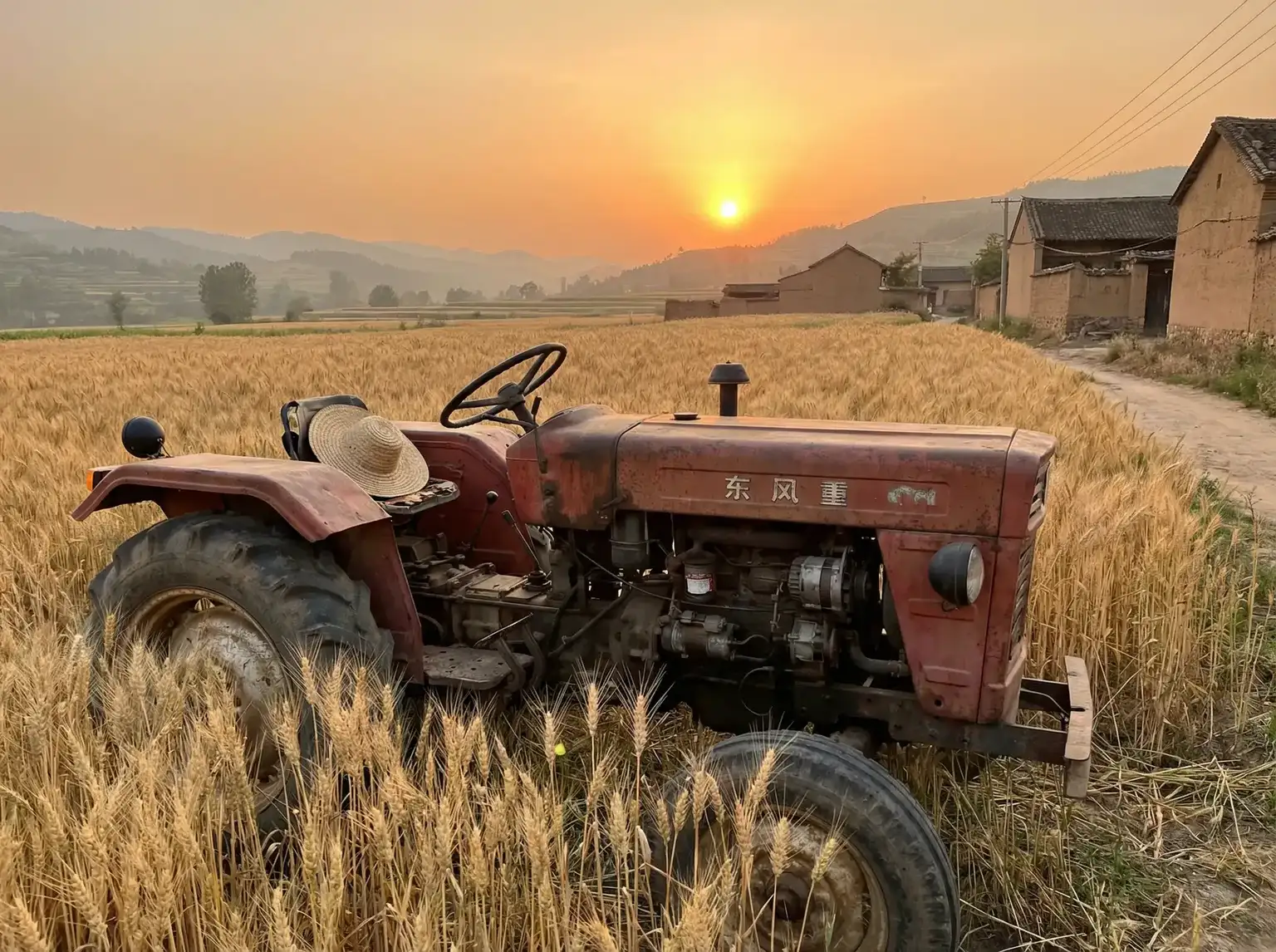 夕阳下的老式拖拉机停在麦田边 - 猎奇91网站 田间记忆
